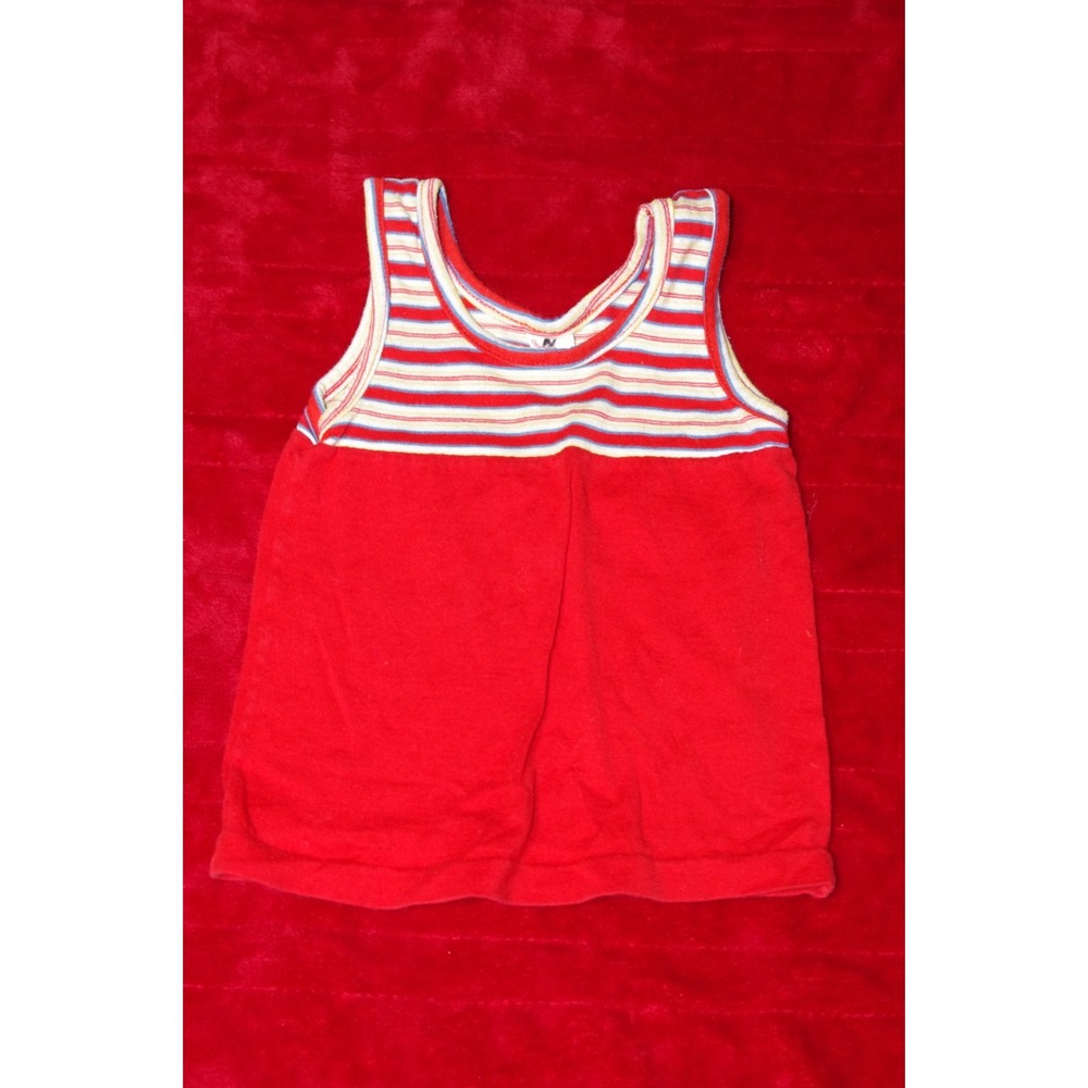 Vintage 70s‎ Buster Brown Sunsuit Romper Red Blue Yellow Stripe EVC 24 mos.